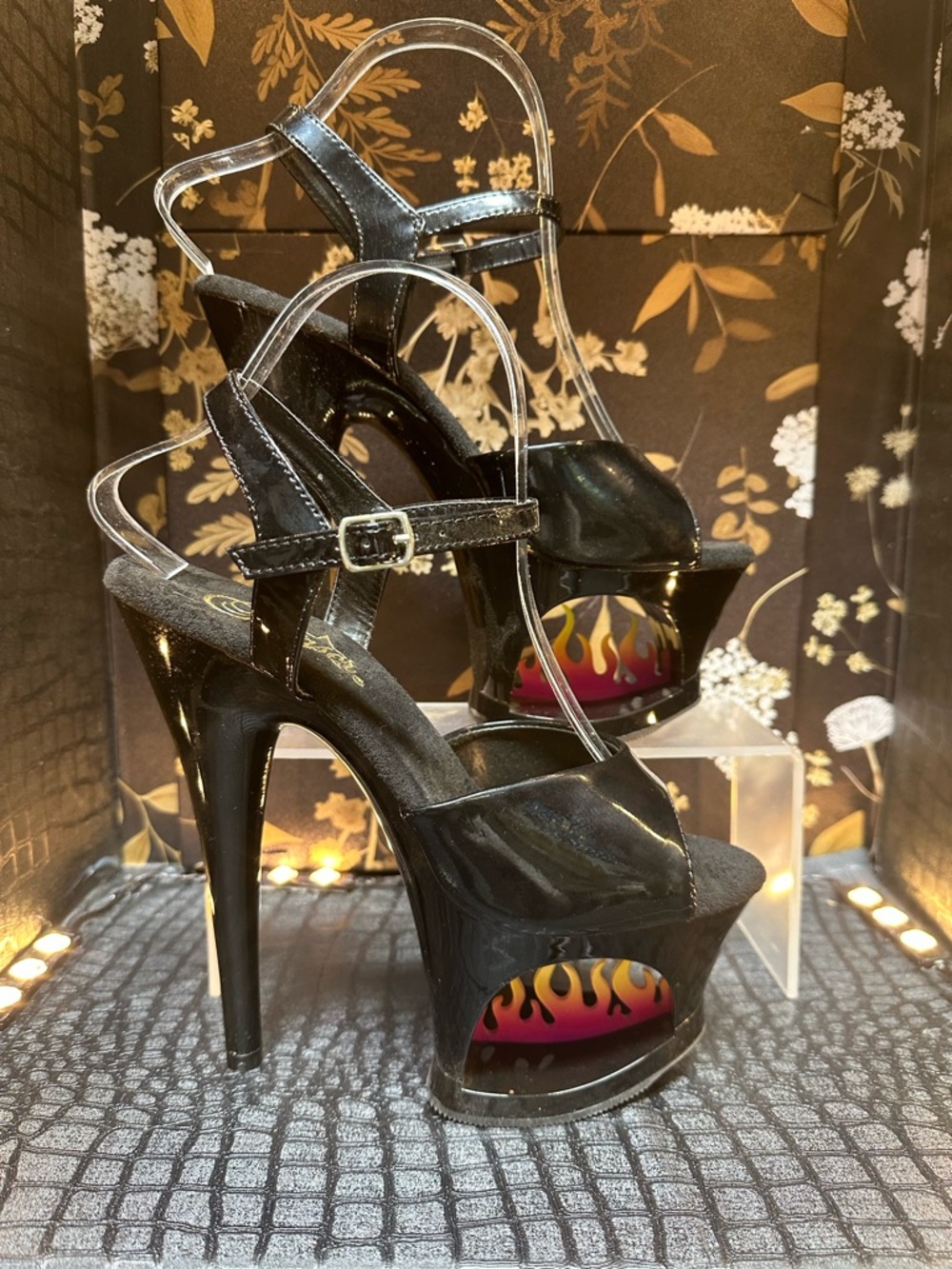 Pleaser Black Platform Peep-Toe High Heels with Flame Accent Size 7